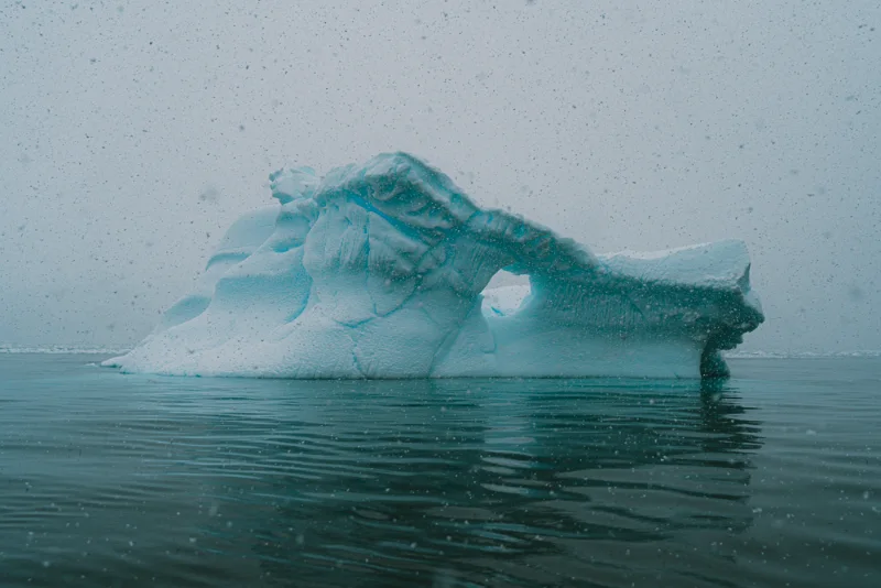 An iceberg with an arch worn through it floats on dark water while snow falls.